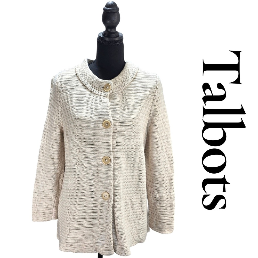 Talbots Cardigan Sweater Womens Medium Cream Cotton Rayon Ribbed Button Classic - Picture 1 of 9